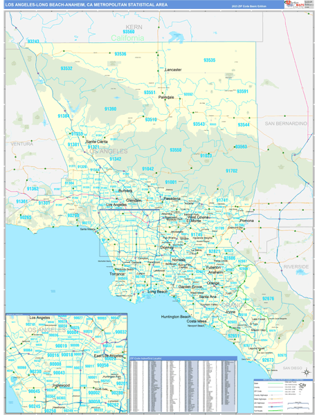 Los Angeles-Long Beach-Anaheim Metro Area Wall Map Basic Style